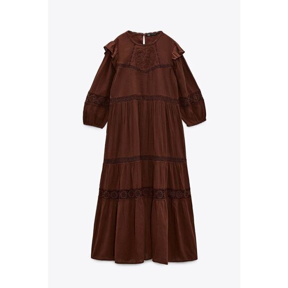 Zara Openwork Cotton Embroidered Brown Dress New - Picture 8 of 8